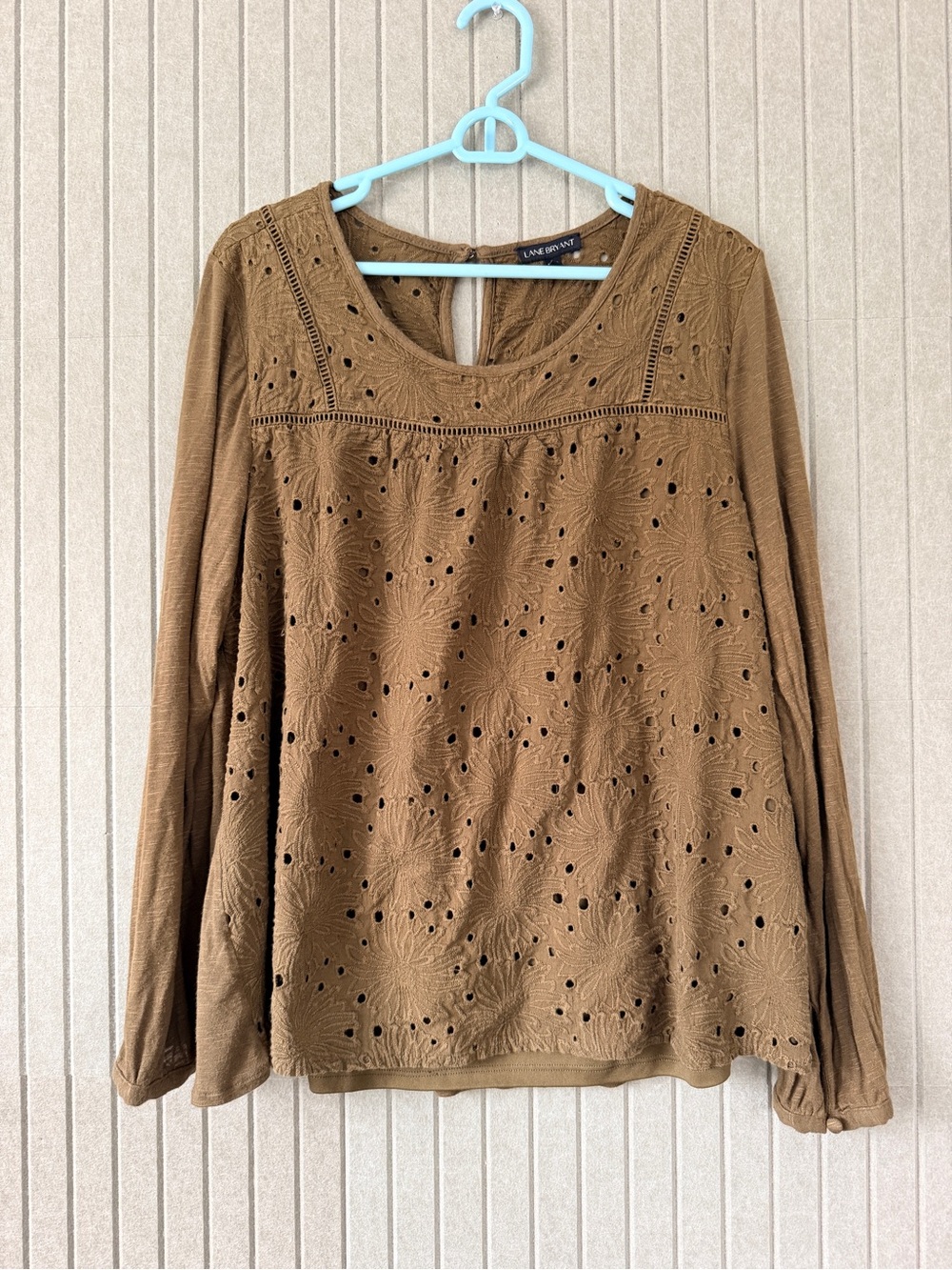 Lane Bryant Caramel Brown Eyelet Embroidered Long Sleeve Top